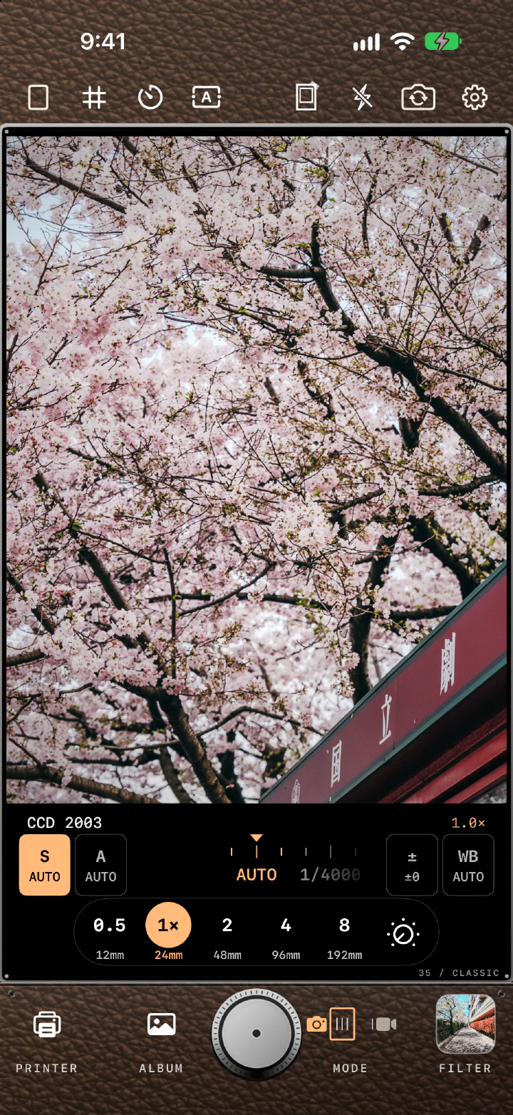RilaCam camera screen: cherry blossoms in CCD 2003, with the S, A, ±, and WB buttons, shutter dial, and zoom controls below