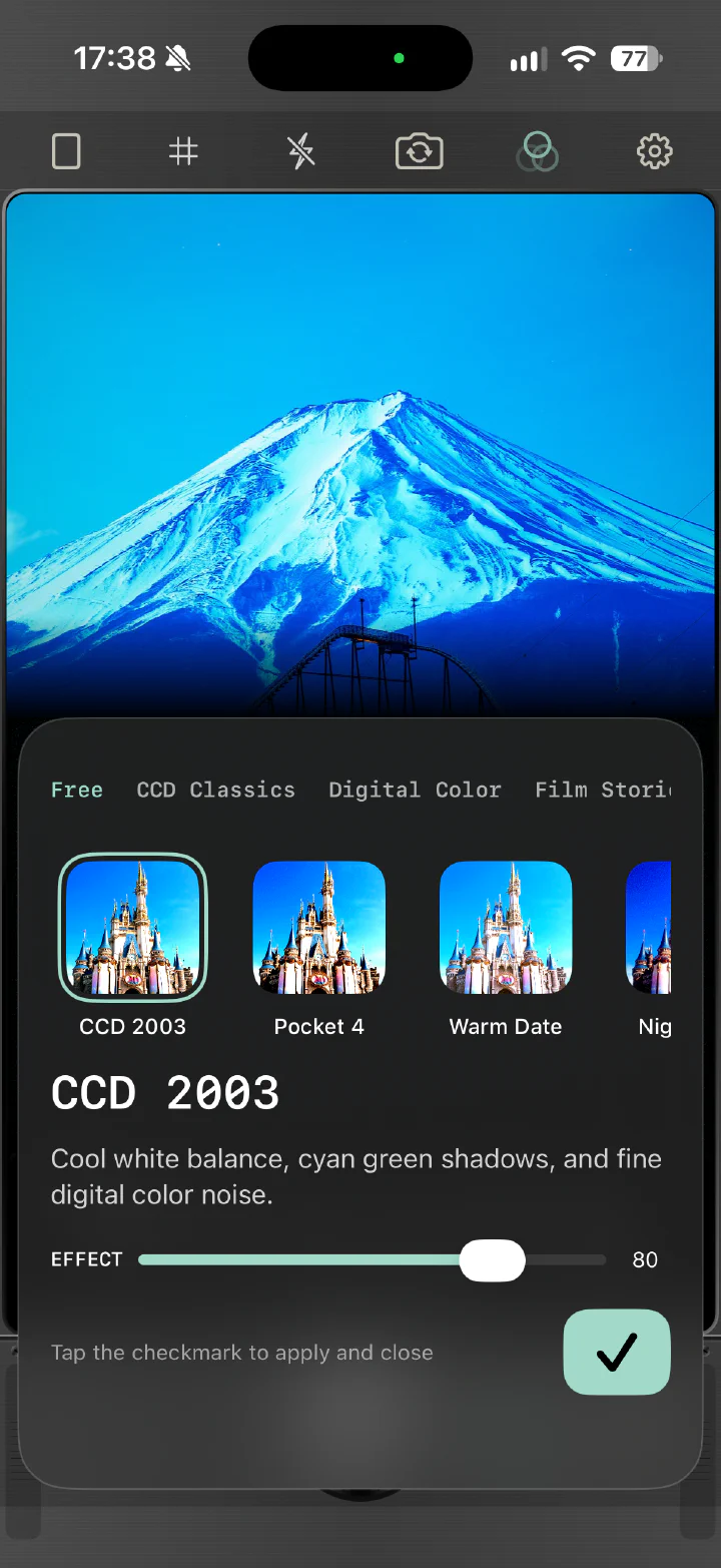 RilaCam filter picker: collection tabs, CCD 2003 selected, and the effect slider